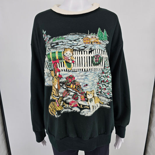 Vintage 1990s Nutcracker Women's Glitter Christmas Cats Collared Sweatshirt (XL)
