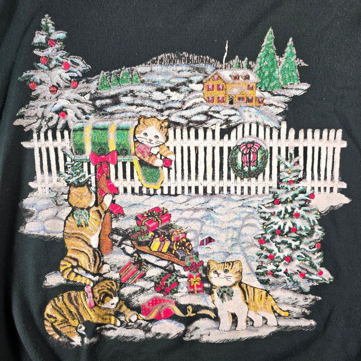 Vintage 1990s Nutcracker Women's Glitter Christmas Cats Collared Sweatshirt (XL)
