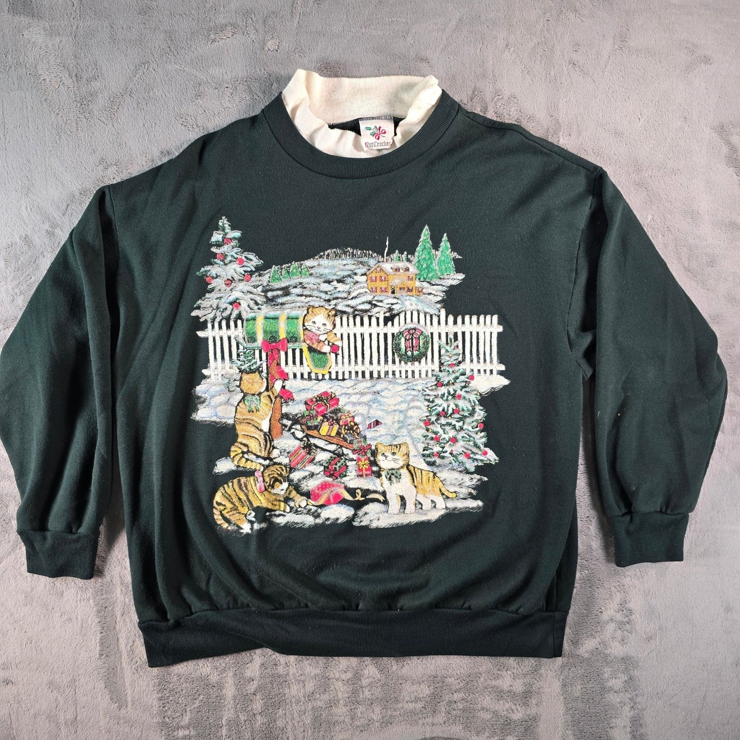 Vintage 1990s Nutcracker Women's Glitter Christmas Cats Collared Sweatshirt (XL)