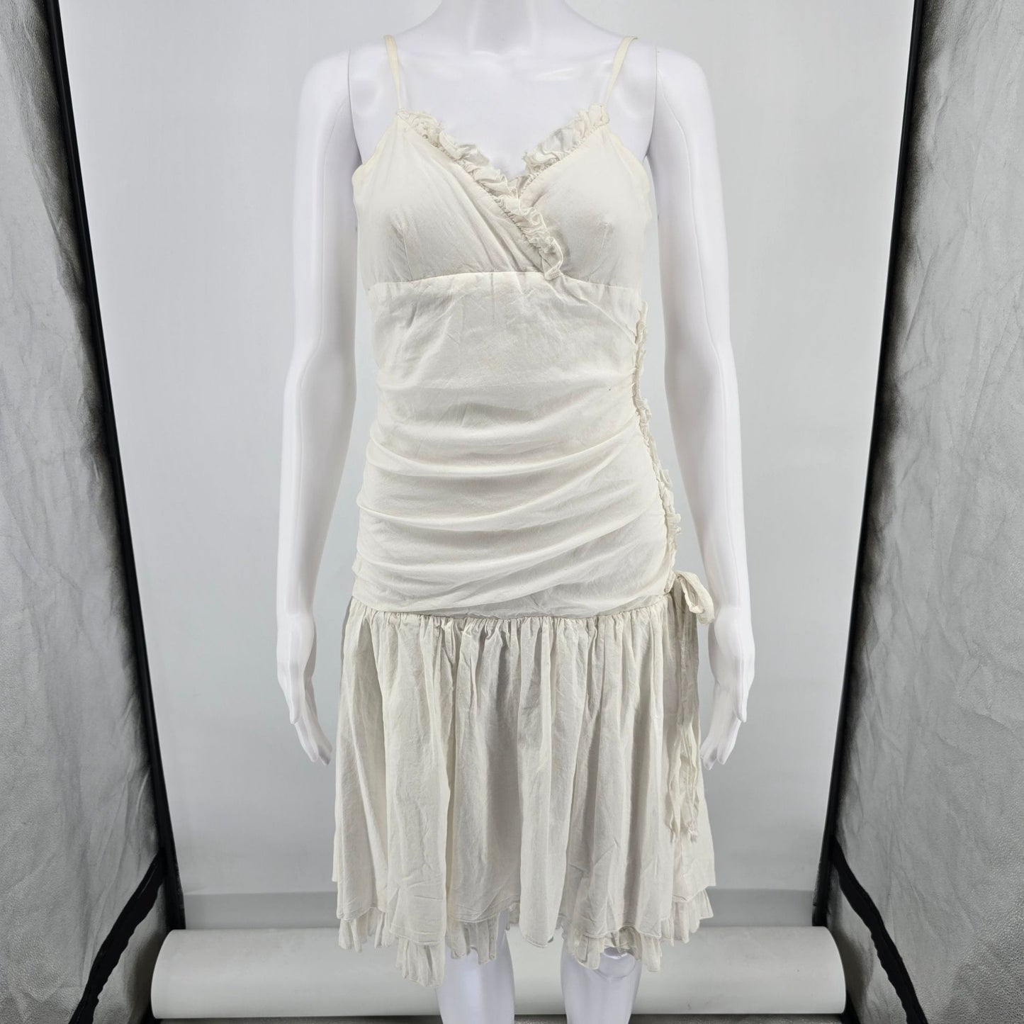 Vintage 1990s Unbranded White Spaghetti Strap Drop Waist Boho Sundress (XS)
