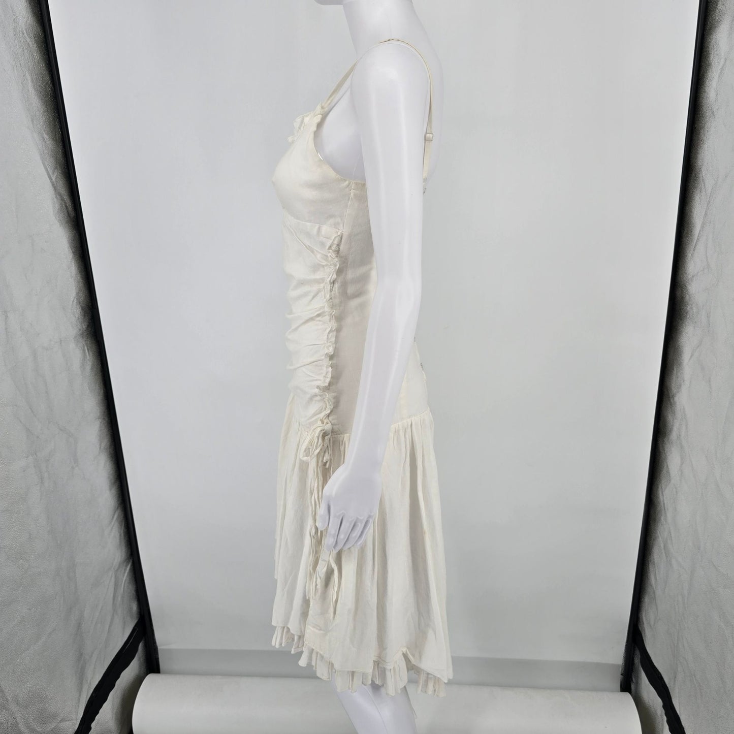 Vintage 1990s Unbranded White Spaghetti Strap Drop Waist Boho Sundress (XS)