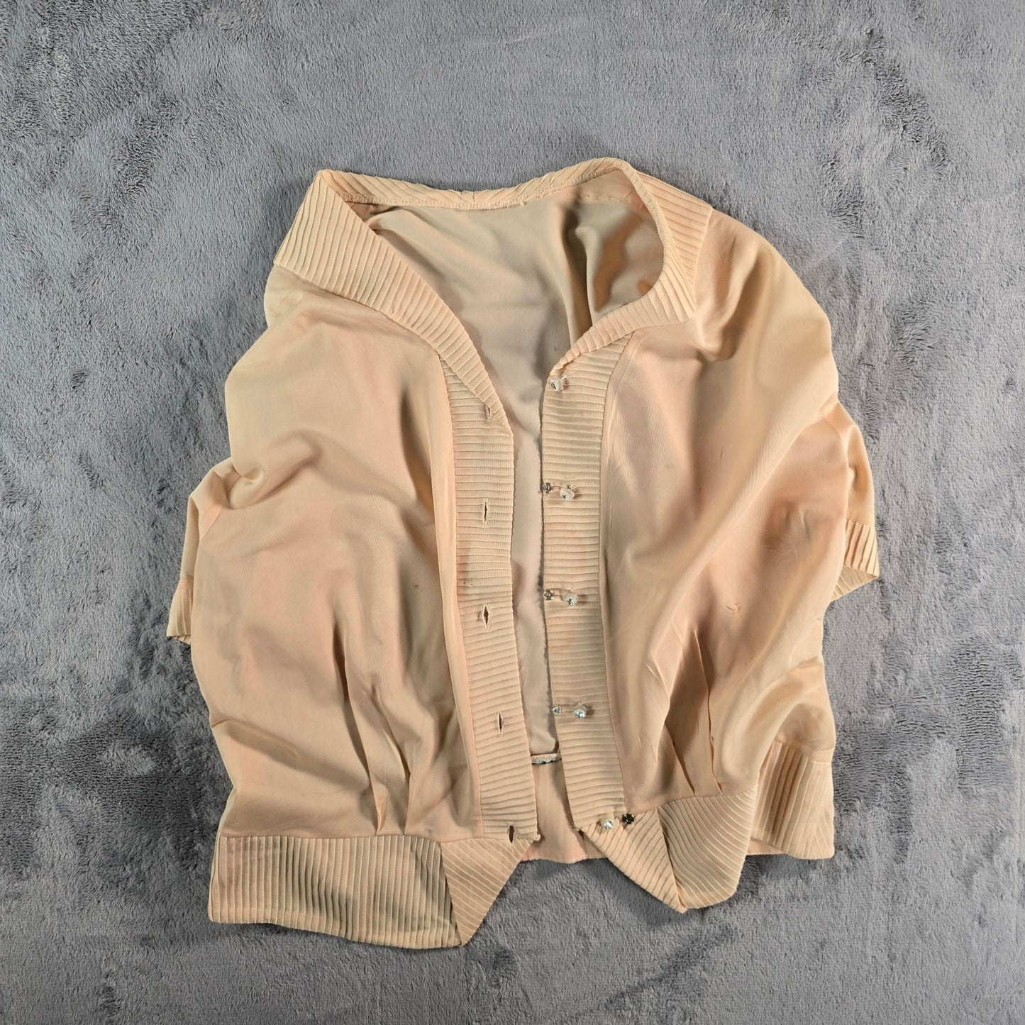 Vintage 1960s Peach Rhinestone Button Ribbed Trim V-Neck Blouse Top (XL) *Fair