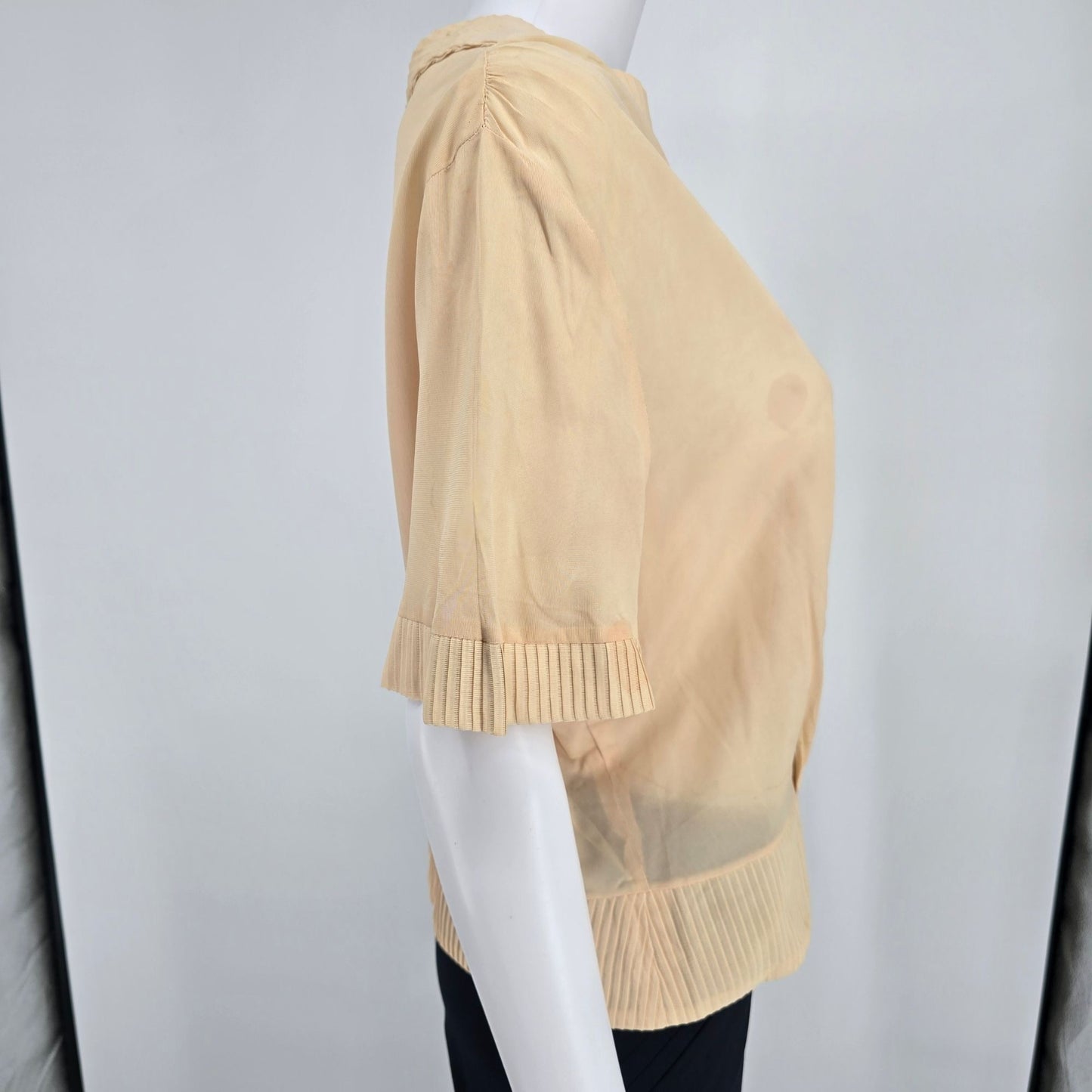 Vintage 1960s Peach Rhinestone Button Ribbed Trim V-Neck Blouse Top (XL) *Fair