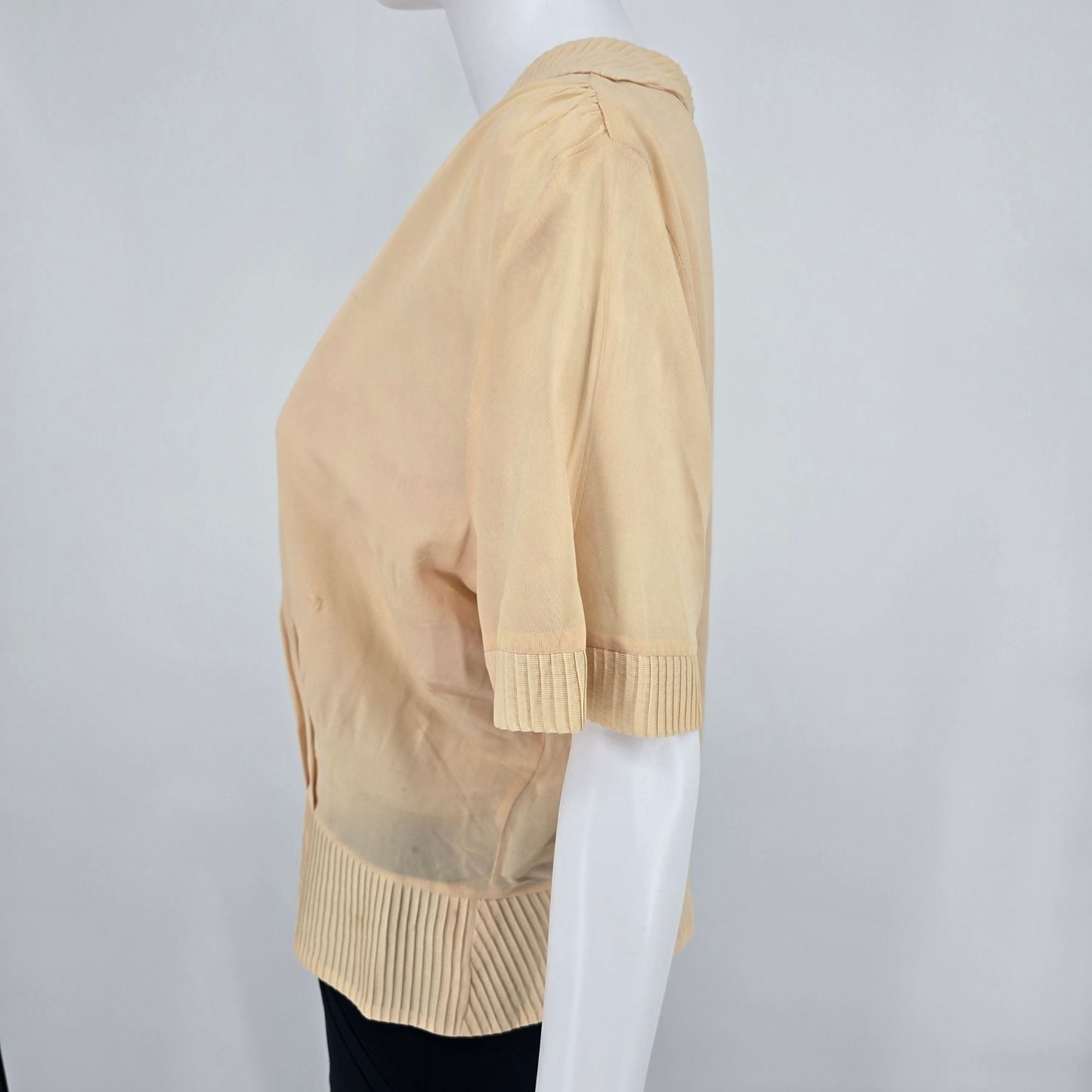 Vintage 1960s Peach Rhinestone Button Ribbed Trim V-Neck Blouse Top (XL) *Fair