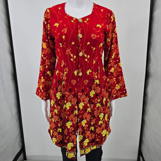 Vintage 1990s Women's Unbranded Red Floral Longline Bell Sleeve Tunic Top (S)
