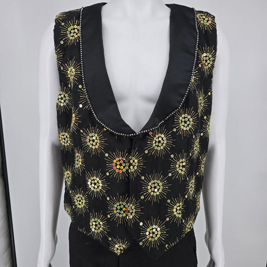 Vintage 1990s Rivar's Stagewear Black Sunburst Sequin Rhinestone Trim Vest (L)