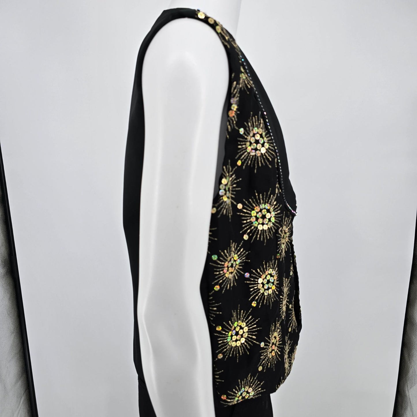 Vintage 1990s Rivar's Stagewear Black Sunburst Sequin Rhinestone Trim Vest (L)