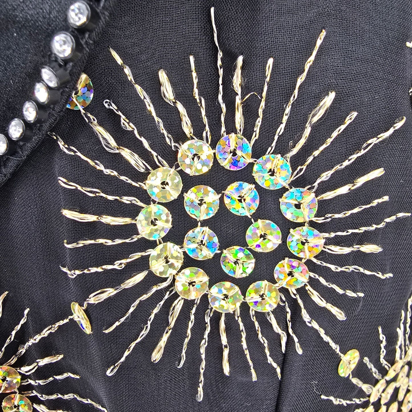 Vintage 1990s Rivar's Stagewear Black Sunburst Sequin Rhinestone Trim Vest (L)