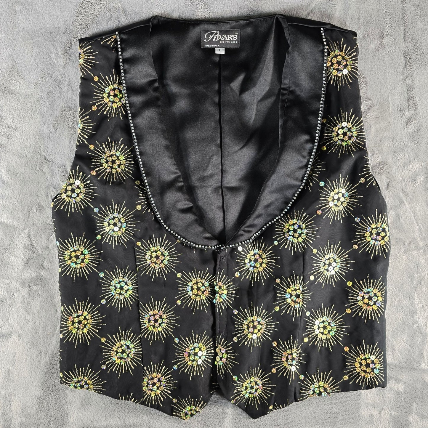 Vintage 1990s Rivar's Stagewear Black Sunburst Sequin Rhinestone Trim Vest (L)
