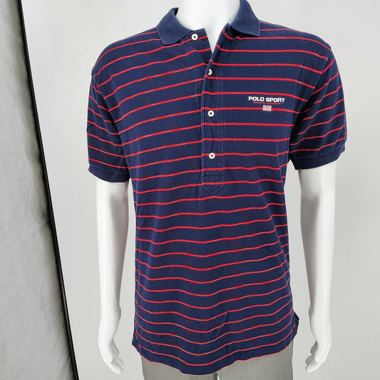 Vintage 1990s Polo Sport Ralph Lauren Blue and Red Striped Four Button Polo (L)