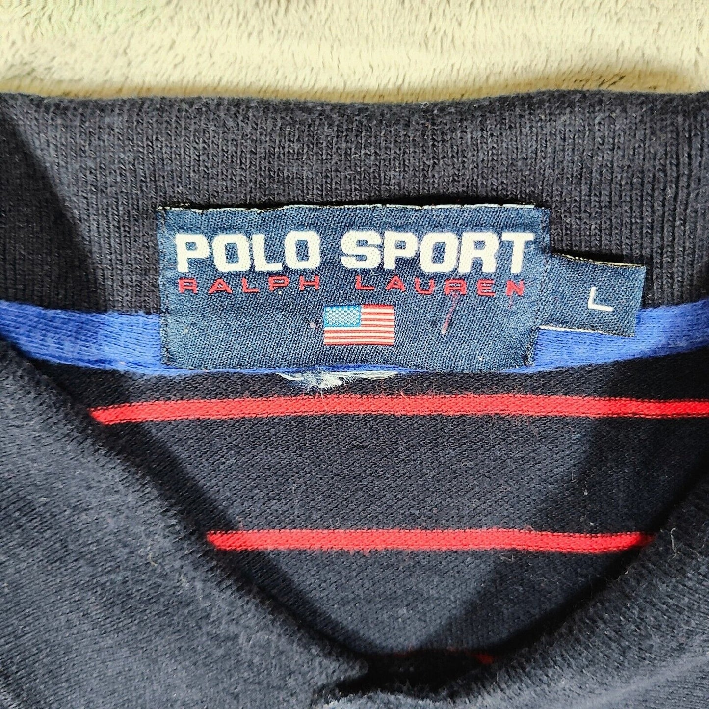 Vintage 1990s Polo Sport Ralph Lauren Blue and Red Striped Four Button Polo (L)