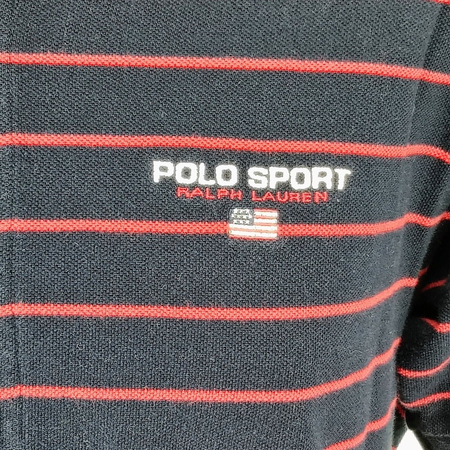 Vintage 1990s Polo Sport Ralph Lauren Blue and Red Striped Four Button Polo (L)