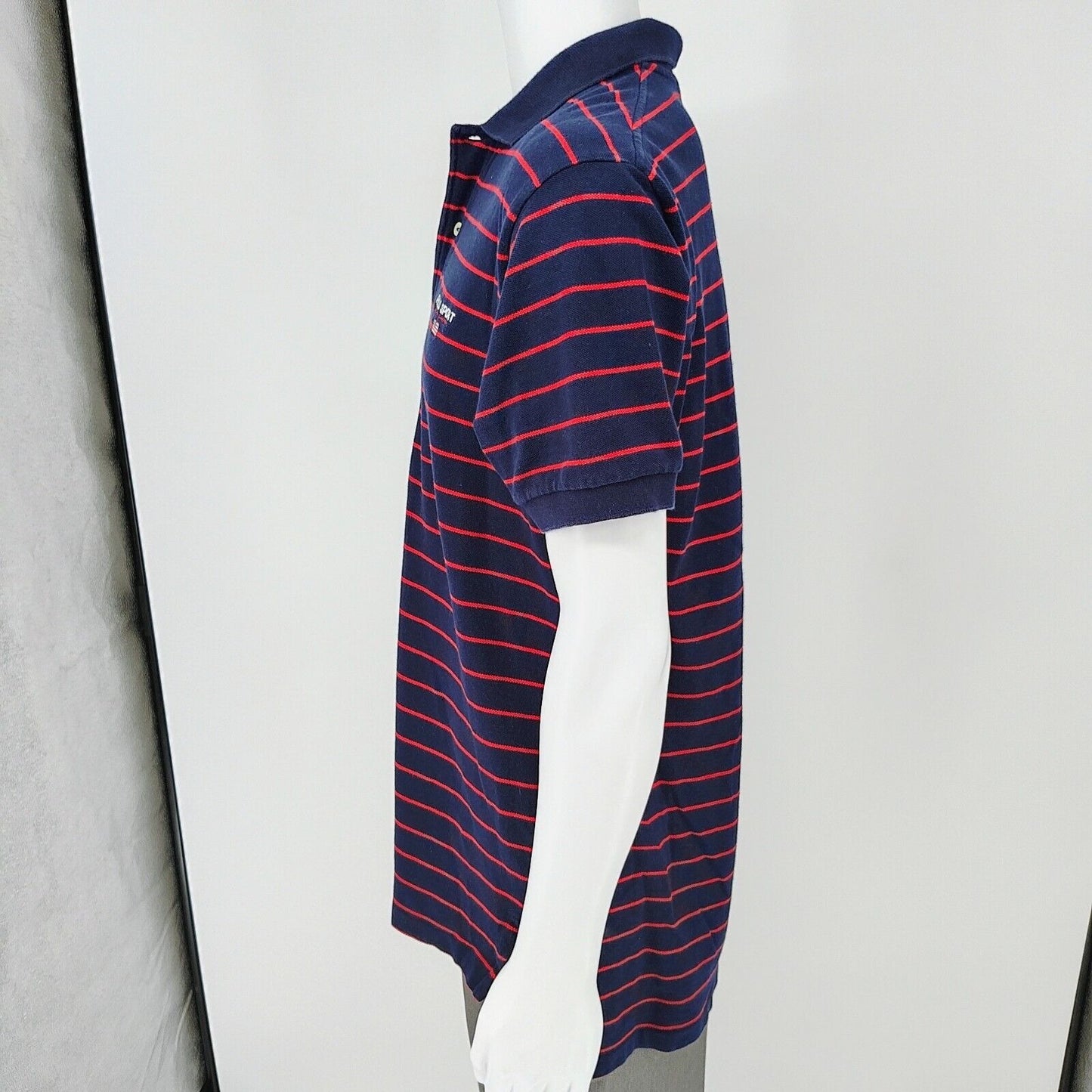 Vintage 1990s Polo Sport Ralph Lauren Blue and Red Striped Four Button Polo (L)