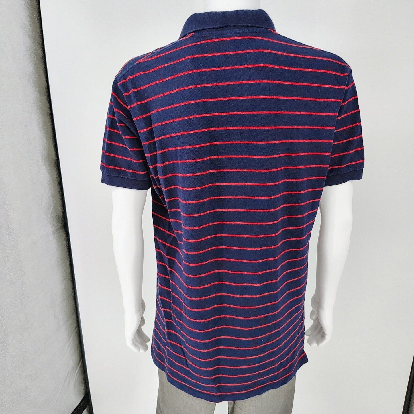 Vintage 1990s Polo Sport Ralph Lauren Blue and Red Striped Four Button Polo (L)