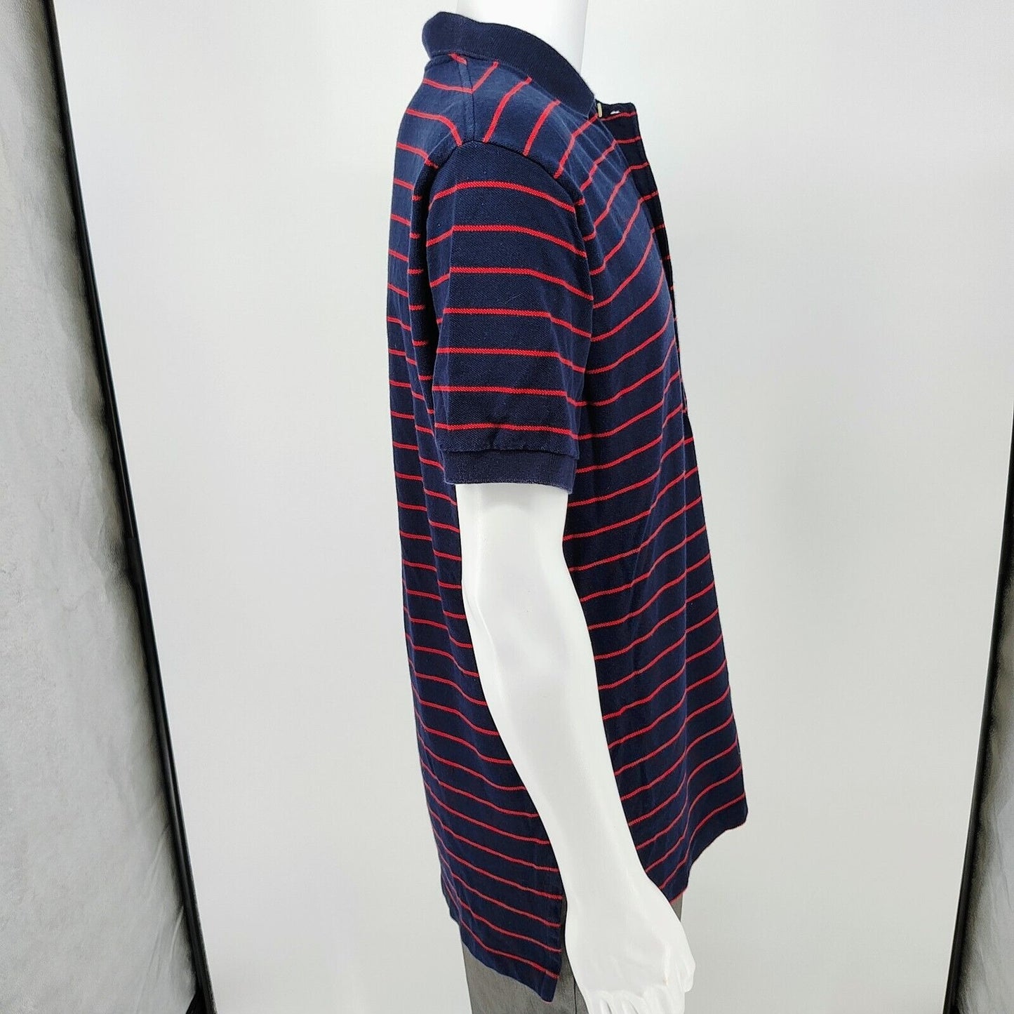 Vintage 1990s Polo Sport Ralph Lauren Blue and Red Striped Four Button Polo (L)