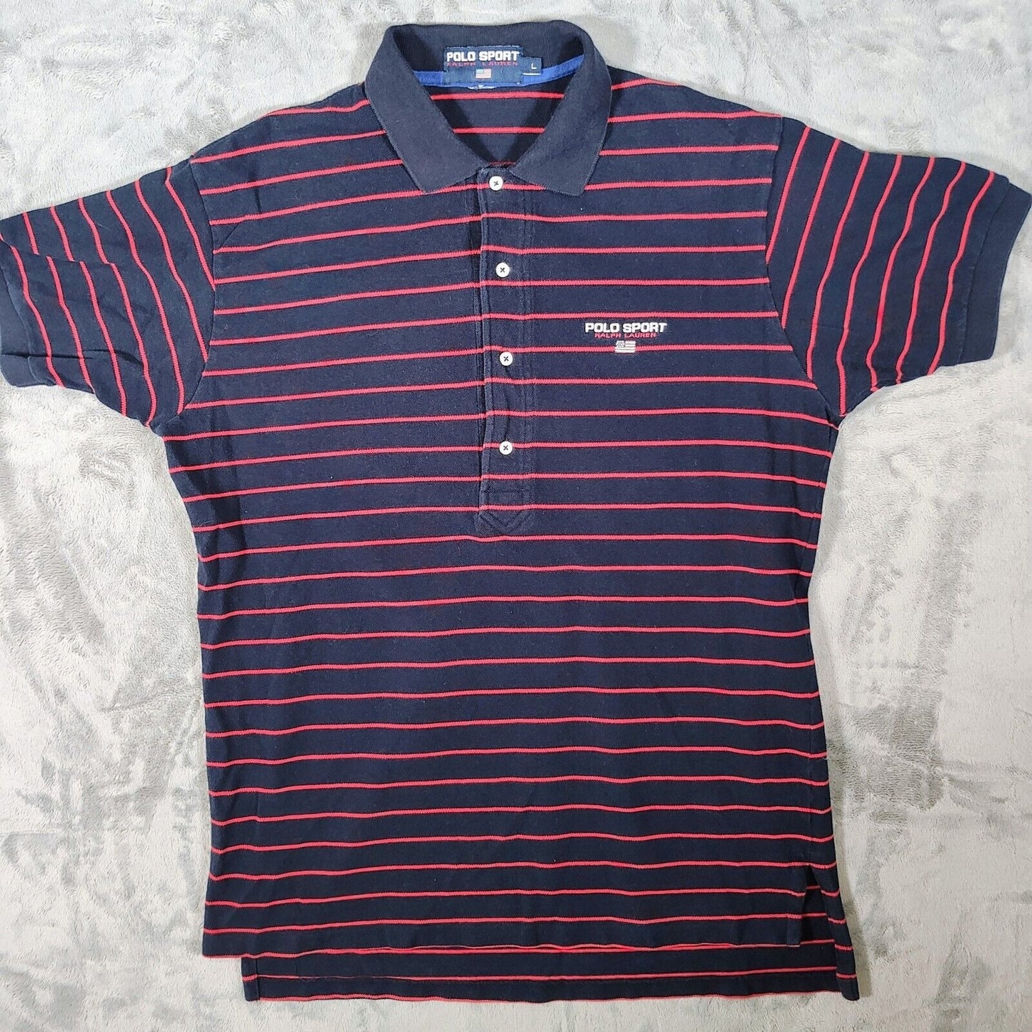Vintage 1990s Polo Sport Ralph Lauren Blue and Red Striped Four Button Polo (L)