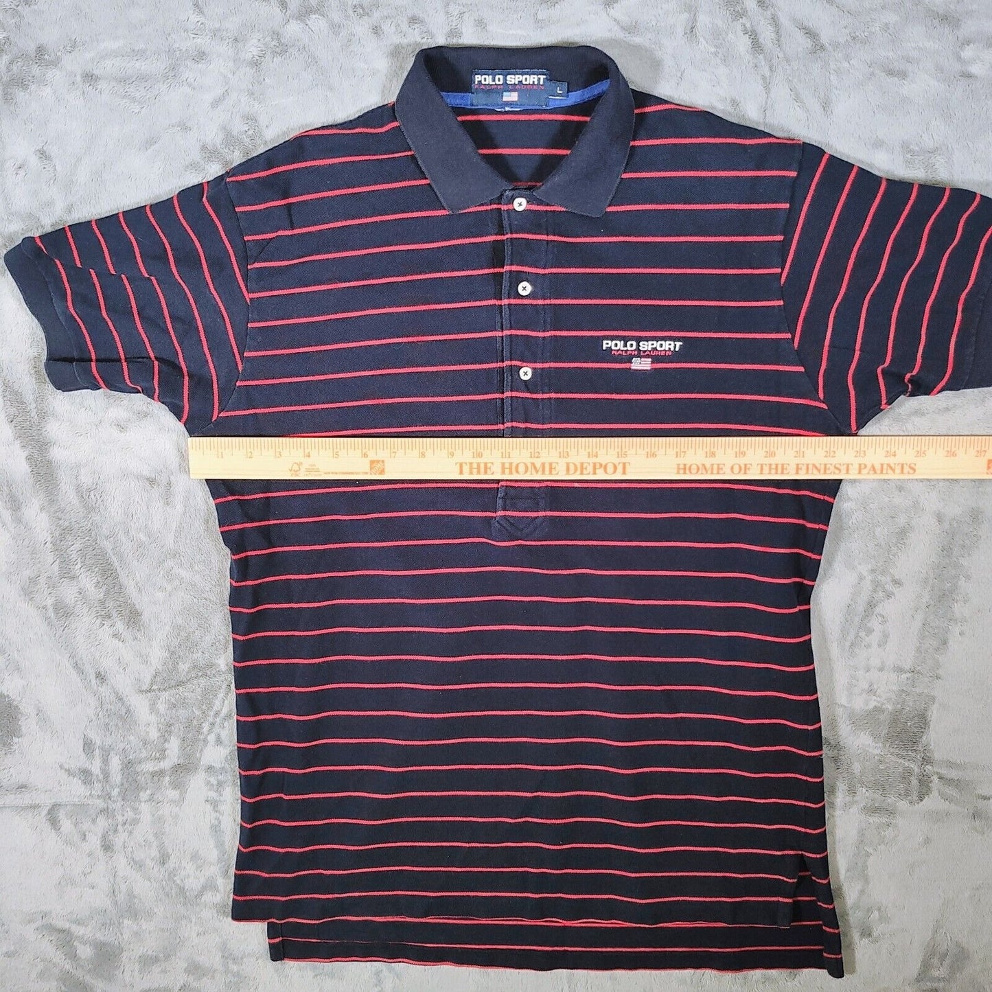 Vintage 1990s Polo Sport Ralph Lauren Blue and Red Striped Four Button Polo (L)