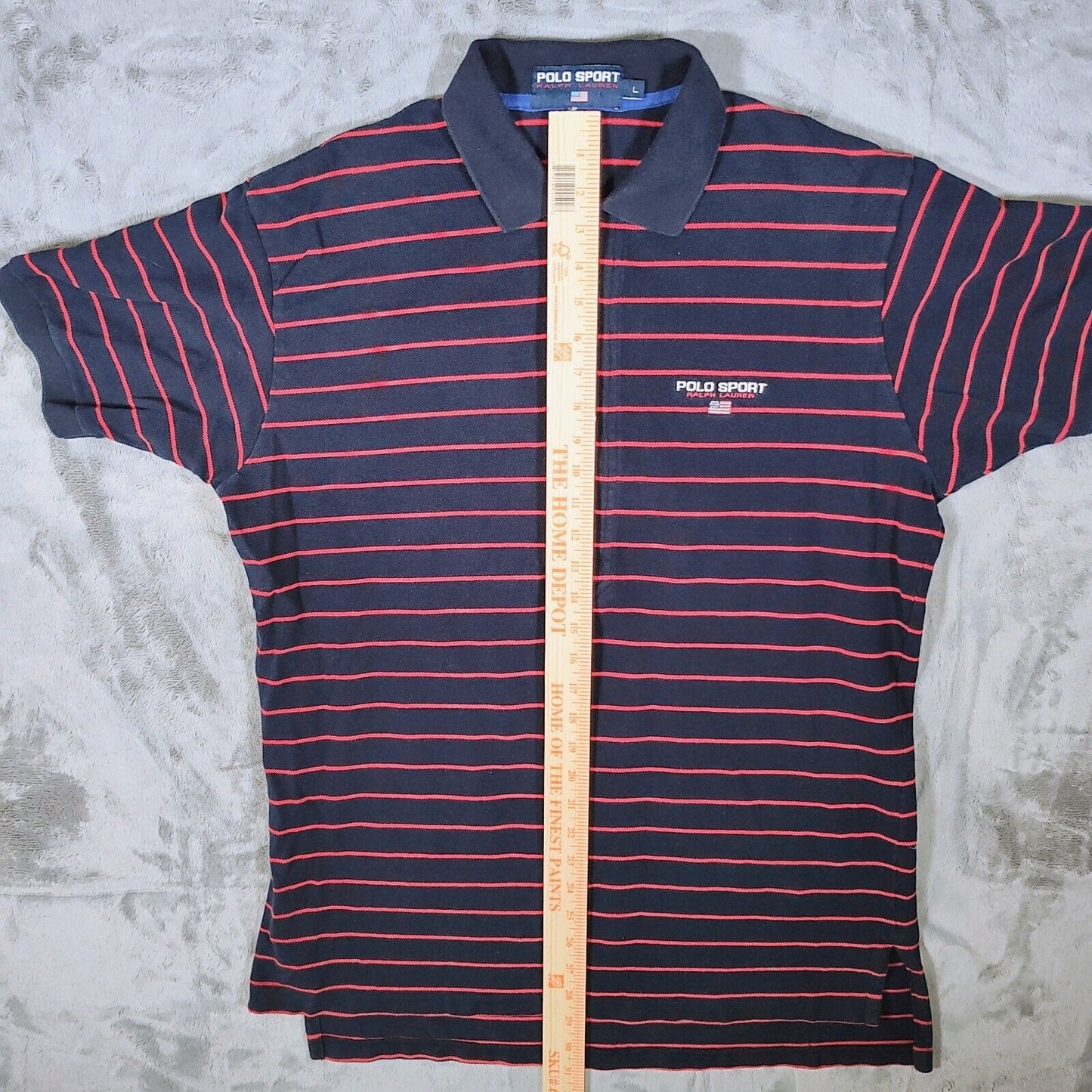 Vintage 1990s Polo Sport Ralph Lauren Blue and Red Striped Four Button Polo (L)