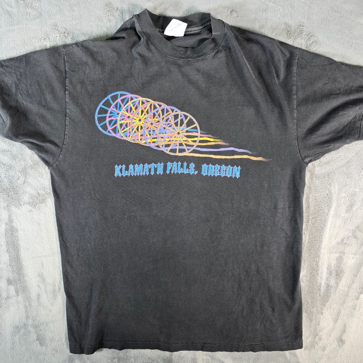 Vintage 1990s Hanes Beefy-T Klamath Falls Oregon Wagon Wheel Graphic T-Shirt (L)