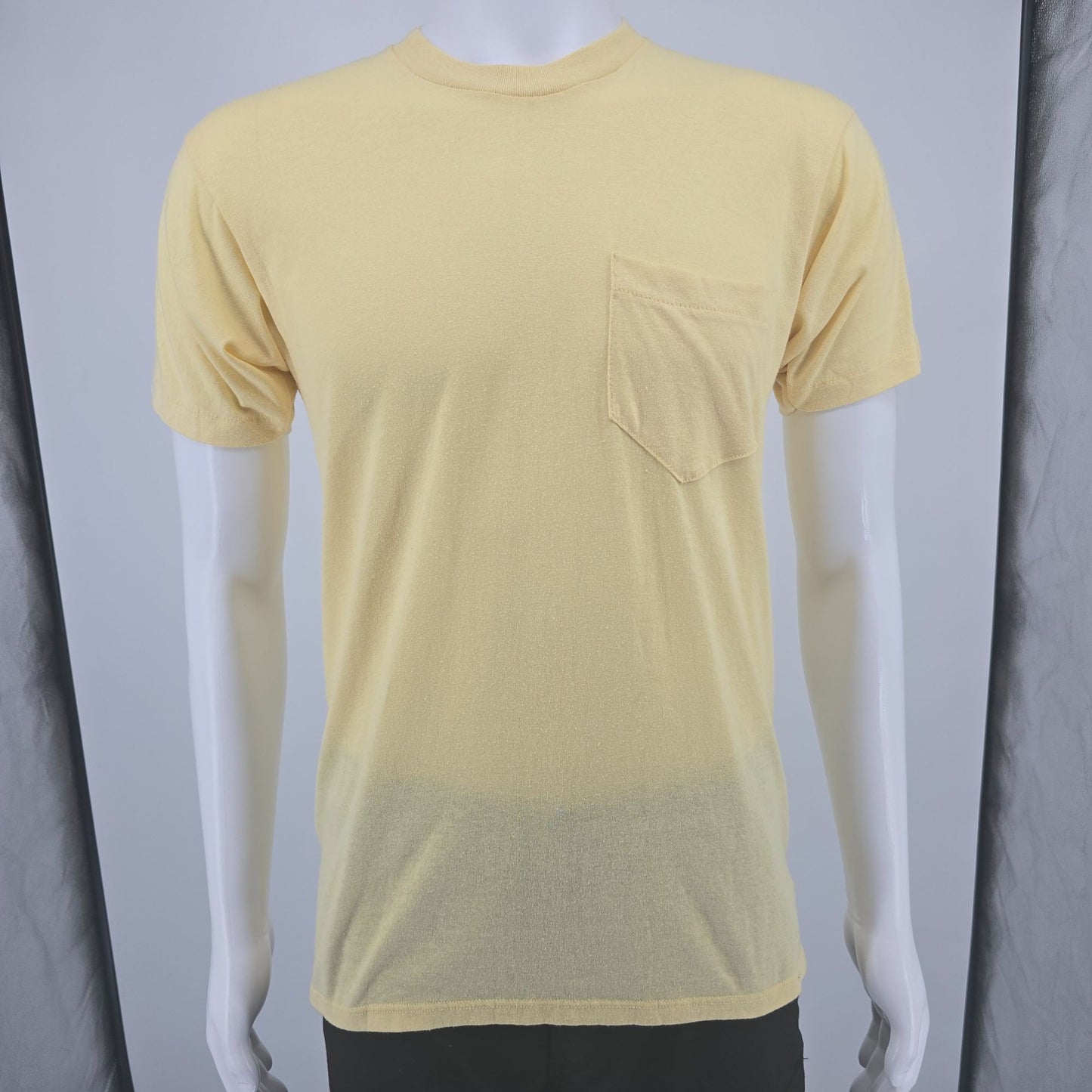 Vintage 1980s Cinderella Knitting Miller Pale Yellow Selvedge Pocket T-Shirt (M)