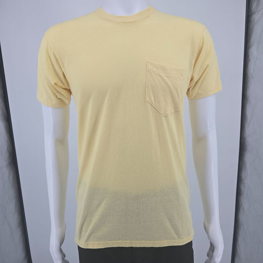 Vintage 1980s Cinderella Knitting Miller Pale Yellow Selvedge Pocket T-Shirt (M)