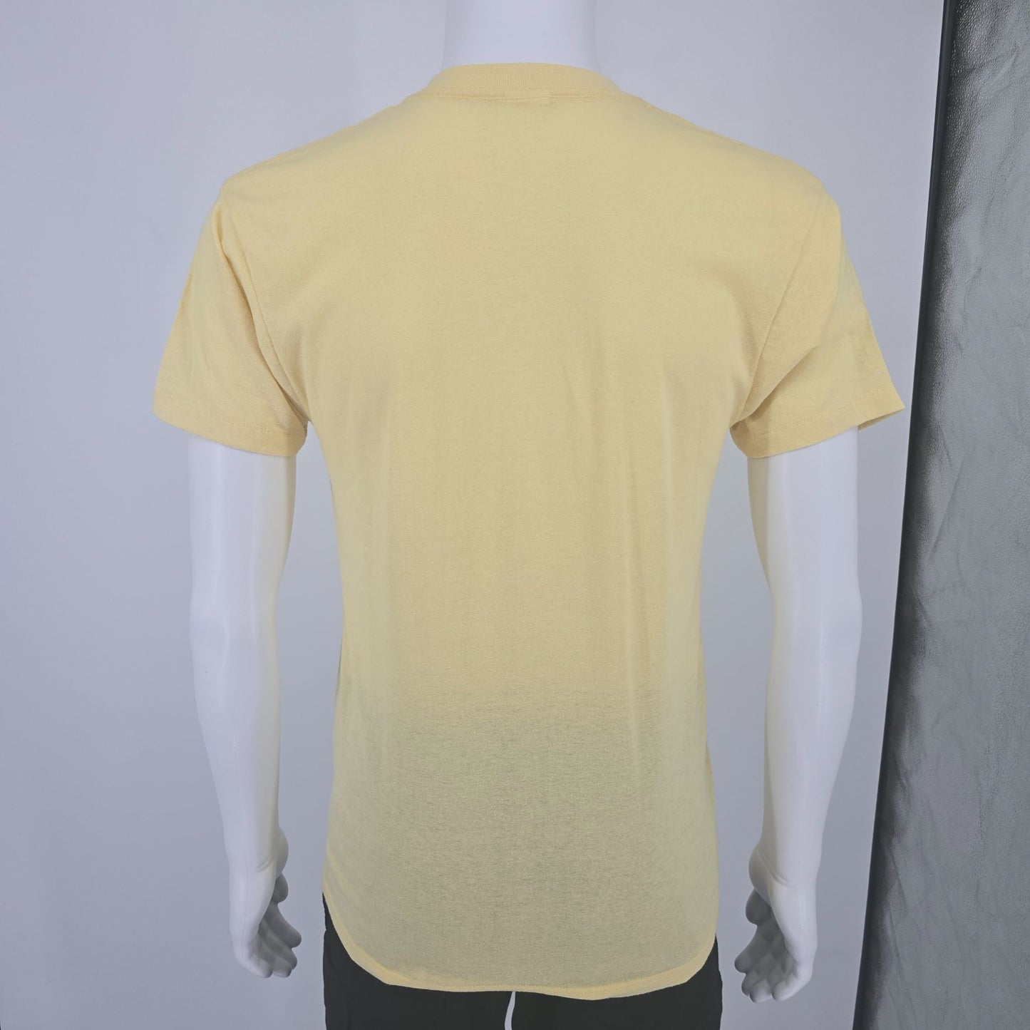 Vintage 1980s Cinderella Knitting Miller Pale Yellow Selvedge Pocket T-Shirt (M)