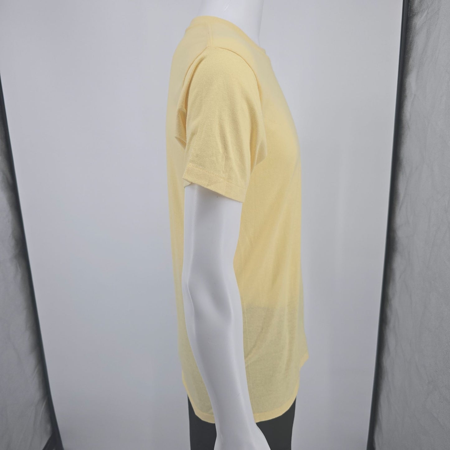 Vintage 1980s Cinderella Knitting Miller Pale Yellow Selvedge Pocket T-Shirt (M)