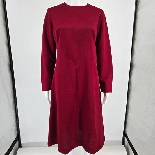 Vintage 1970s Burgundy Textured Long Sleeve Back Zip A-Line Midi Dress (M/L)