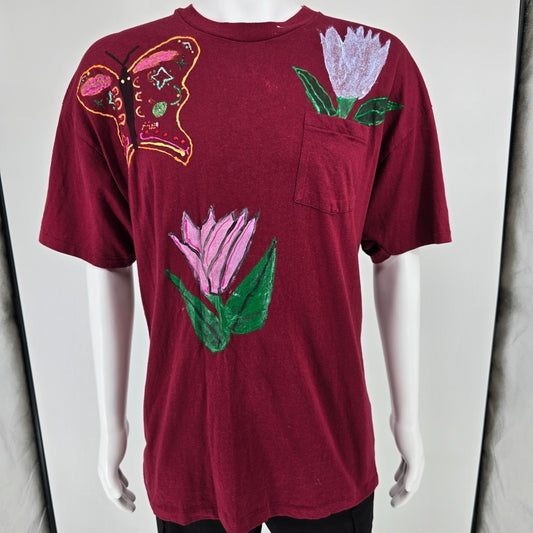 Vintage 1990s Hanes DIY Hand-Painted Butterfly & Flowers Pocket T-Shirt (XL)