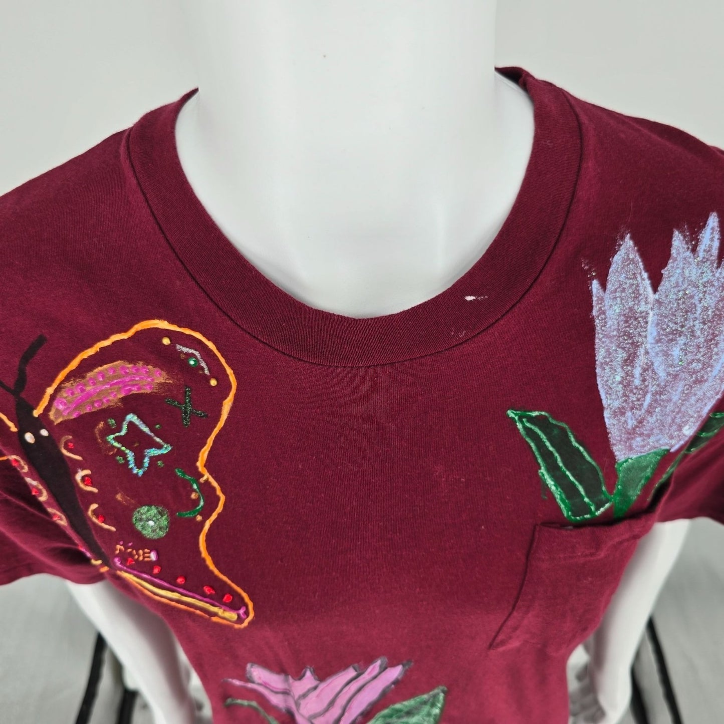 Vintage 1990s Hanes DIY Hand-Painted Butterfly & Flowers Pocket T-Shirt (XL)