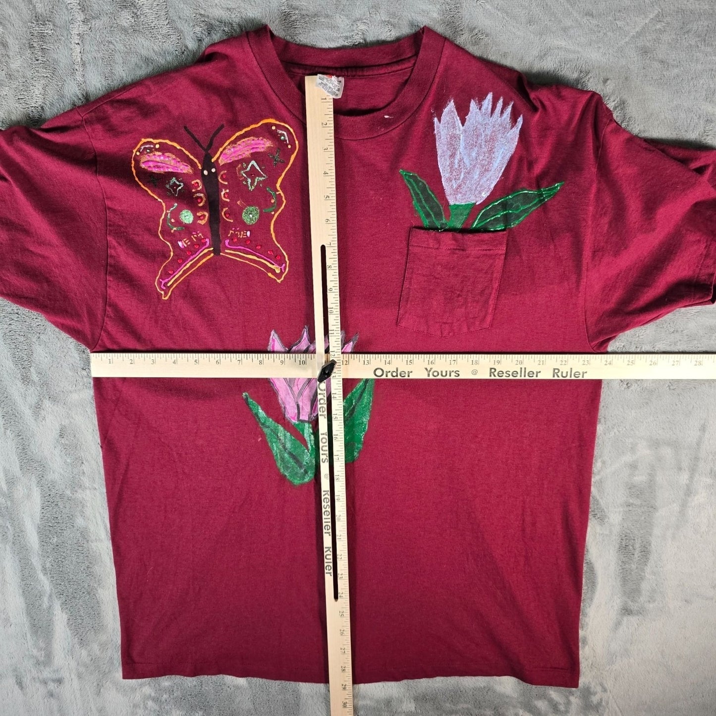 Vintage 1990s Hanes DIY Hand-Painted Butterfly & Flowers Pocket T-Shirt (XL)