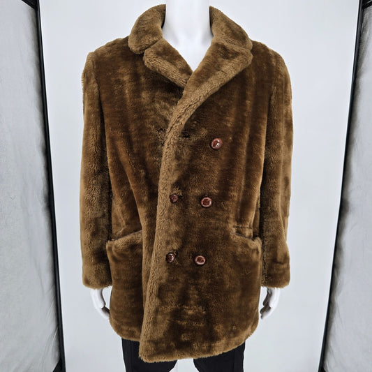 Vintage 1970s Zero King Men's Brown Trevira Faux Fur Double-Breasted Coat (M/L)