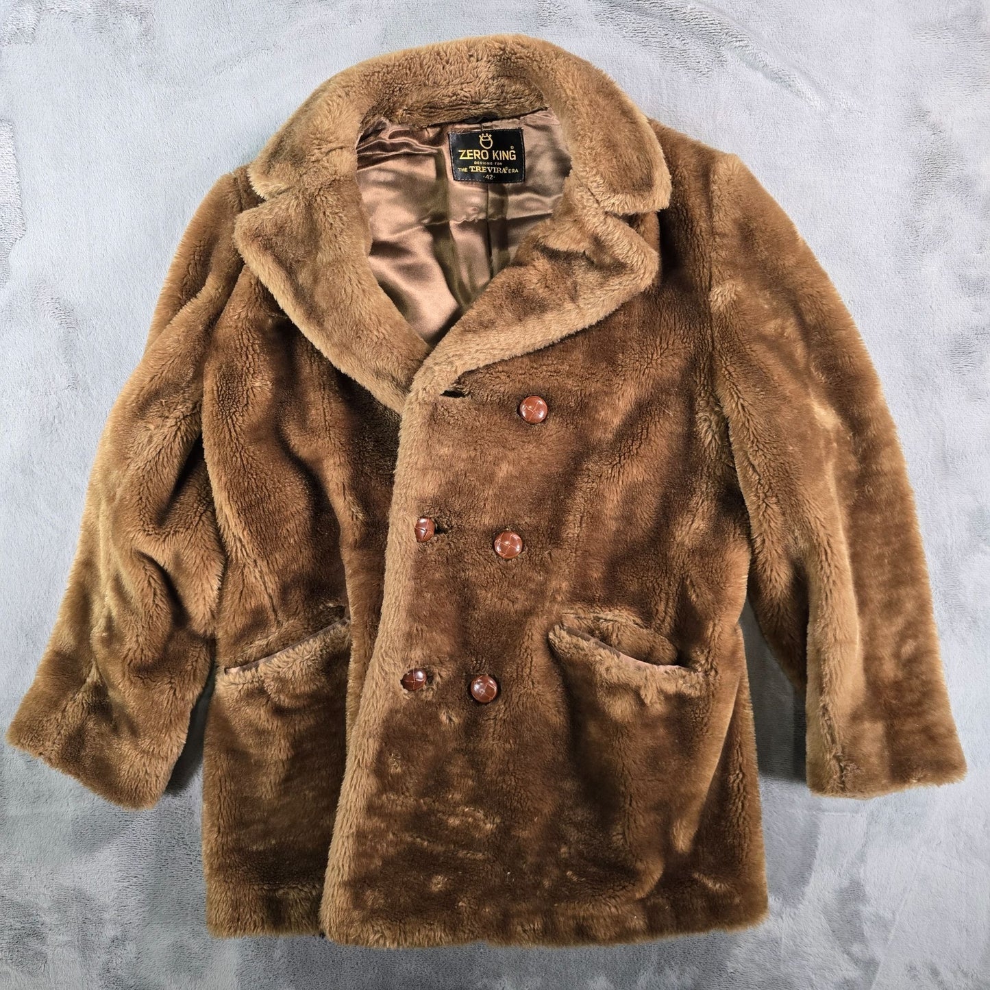 Vintage 1970s Zero King Men's Brown Trevira Faux Fur Double-Breasted Coat (M/L)