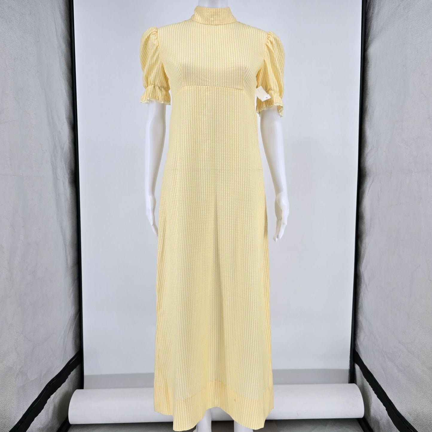 Vintage Early 1970s Yellow/White Striped Puff Sleeve Mock Neck Maxi Dress (S)