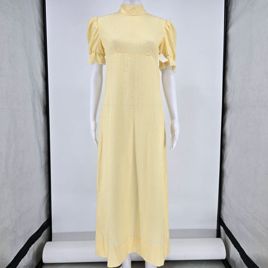 Vintage Early 1970s Yellow/White Striped Puff Sleeve Mock Neck Maxi Dress (S)