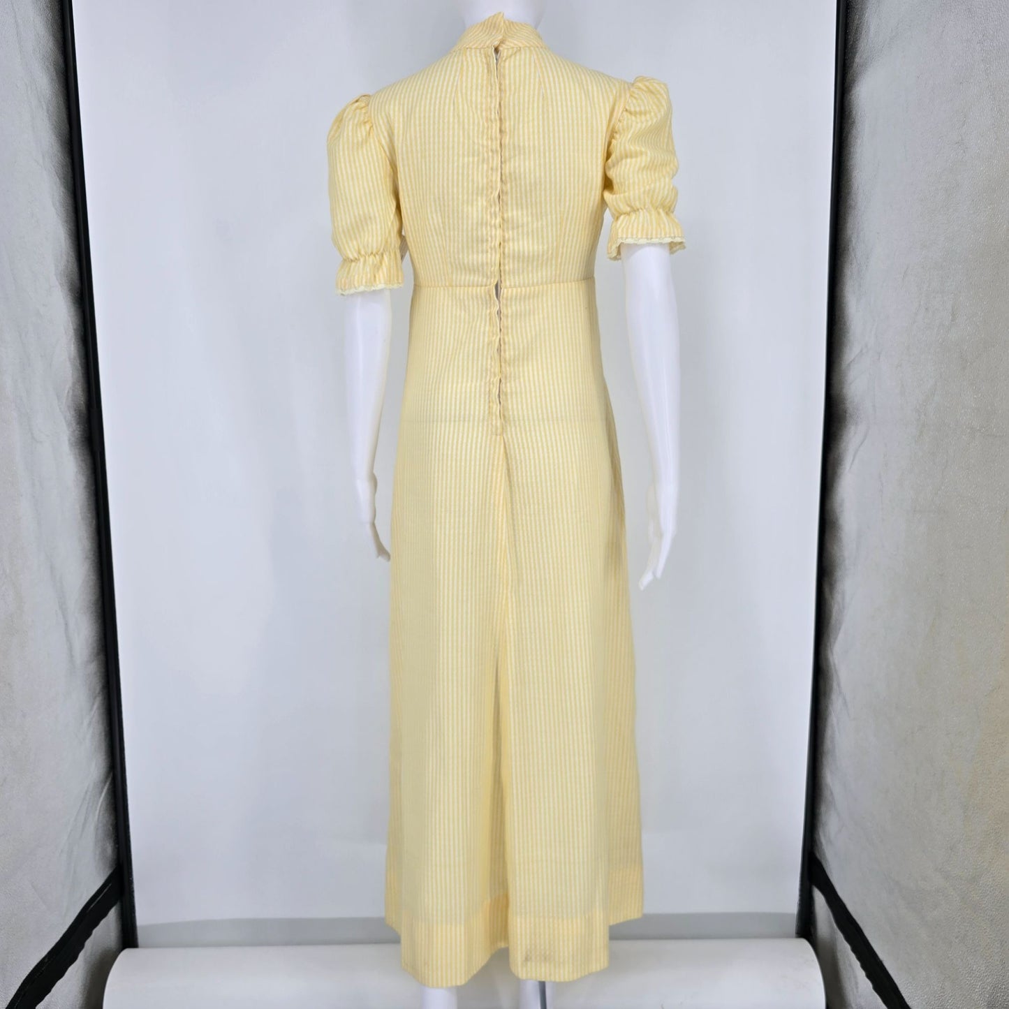 Vintage Early 1970s Yellow/White Striped Puff Sleeve Mock Neck Maxi Dress (S)