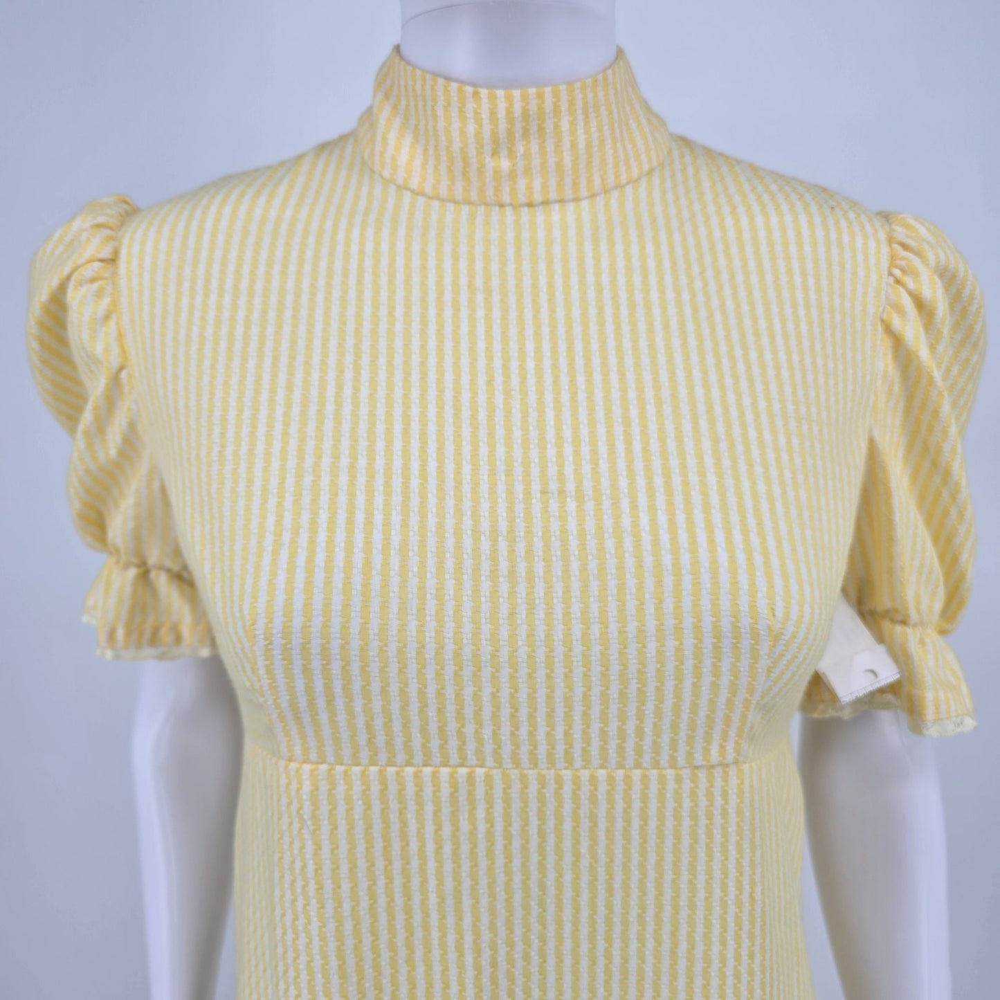 Vintage Early 1970s Yellow/White Striped Puff Sleeve Mock Neck Maxi Dress (S)