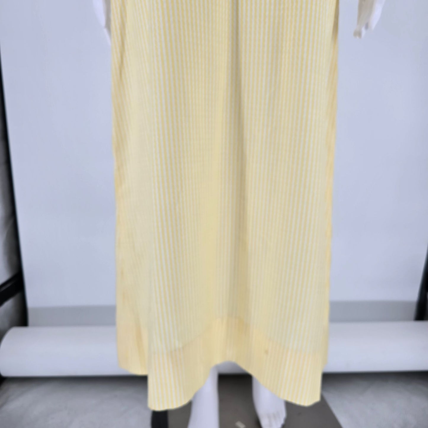 Vintage Early 1970s Yellow/White Striped Puff Sleeve Mock Neck Maxi Dress (S)