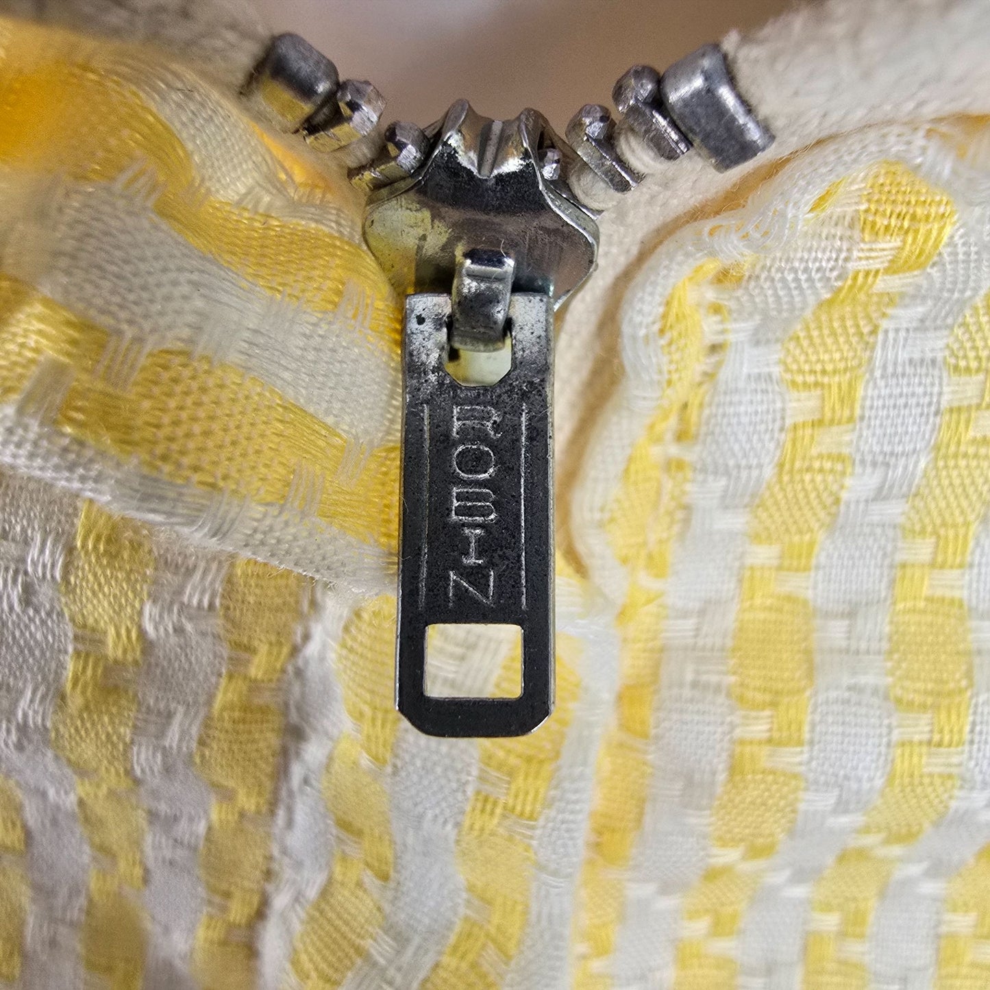 Vintage Early 1970s Yellow/White Striped Puff Sleeve Mock Neck Maxi Dress (S)