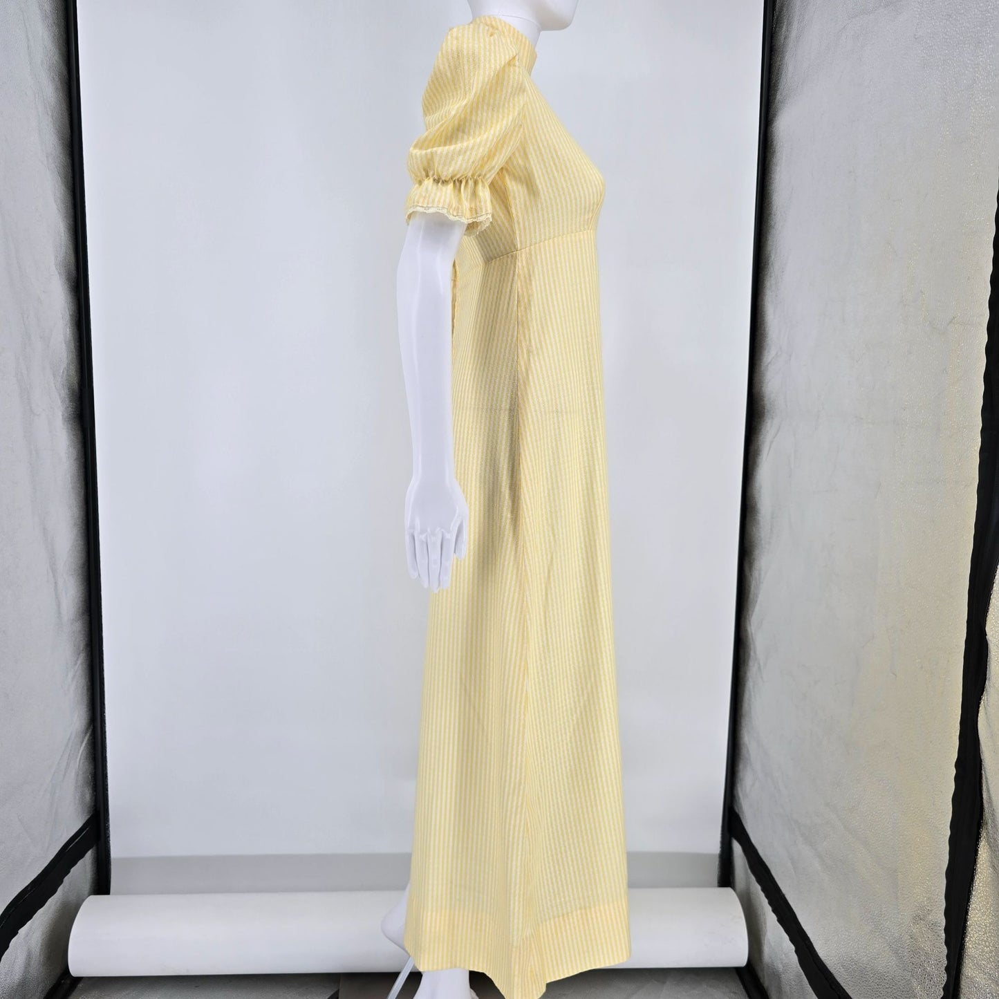 Vintage Early 1970s Yellow/White Striped Puff Sleeve Mock Neck Maxi Dress (S)