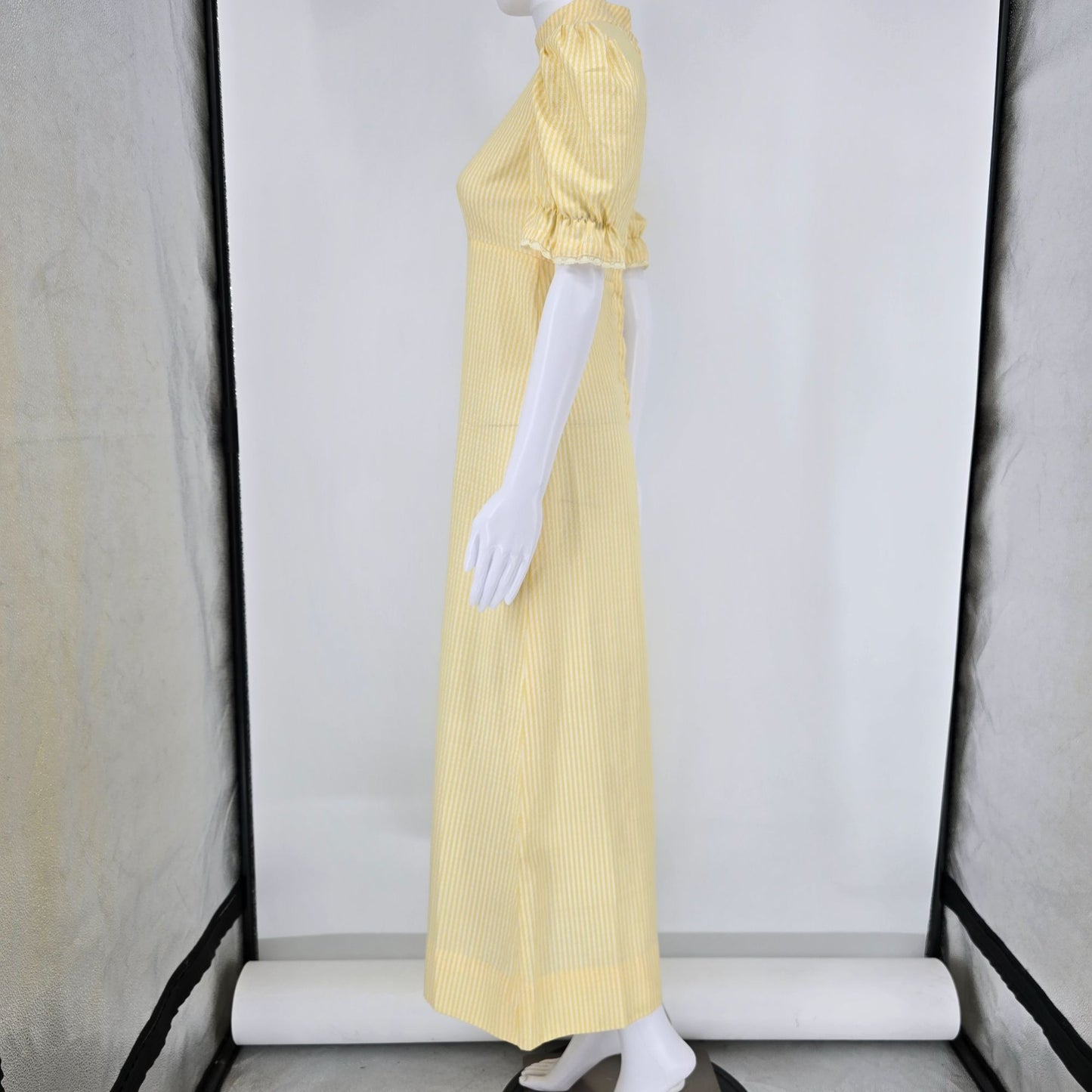 Vintage Early 1970s Yellow/White Striped Puff Sleeve Mock Neck Maxi Dress (S)