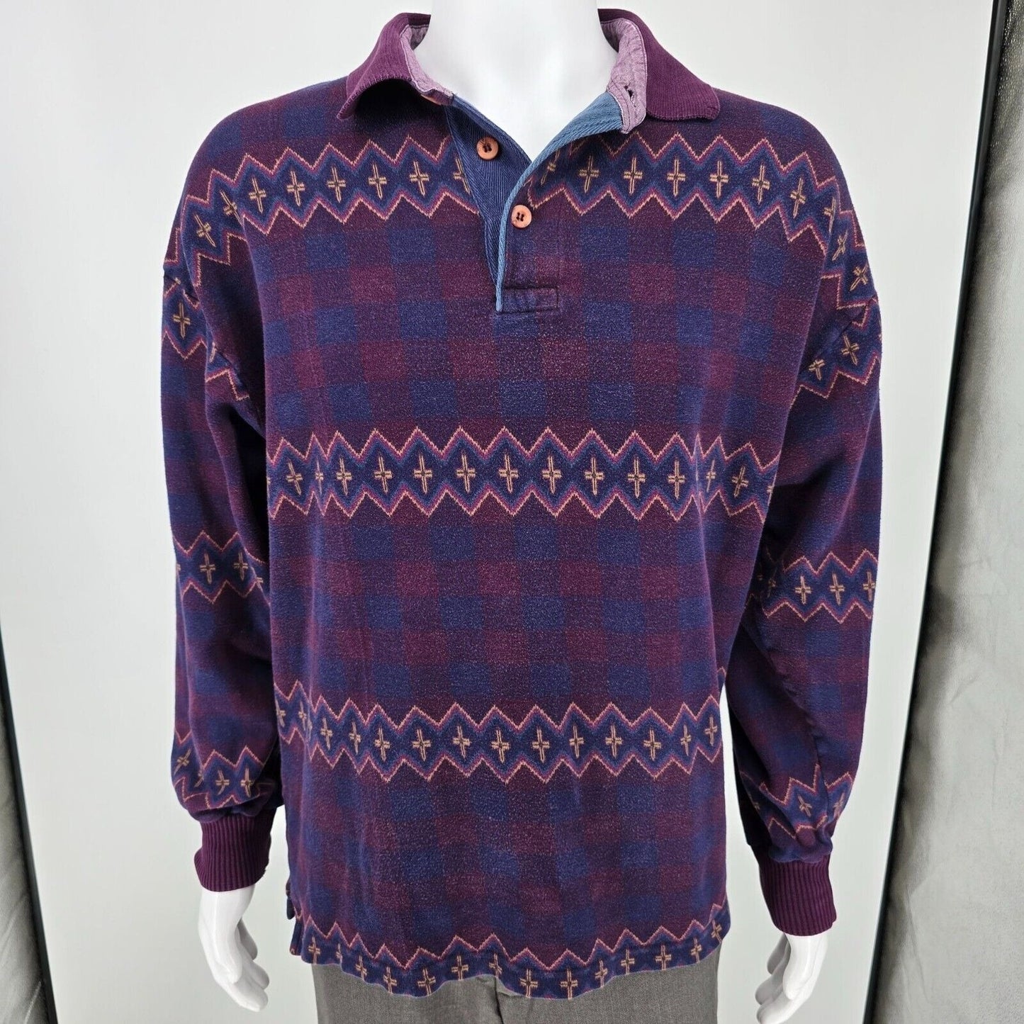 Vintage 1990s Guess Classics Aztec Pattern Long Sleeve Knit Polo (Large)