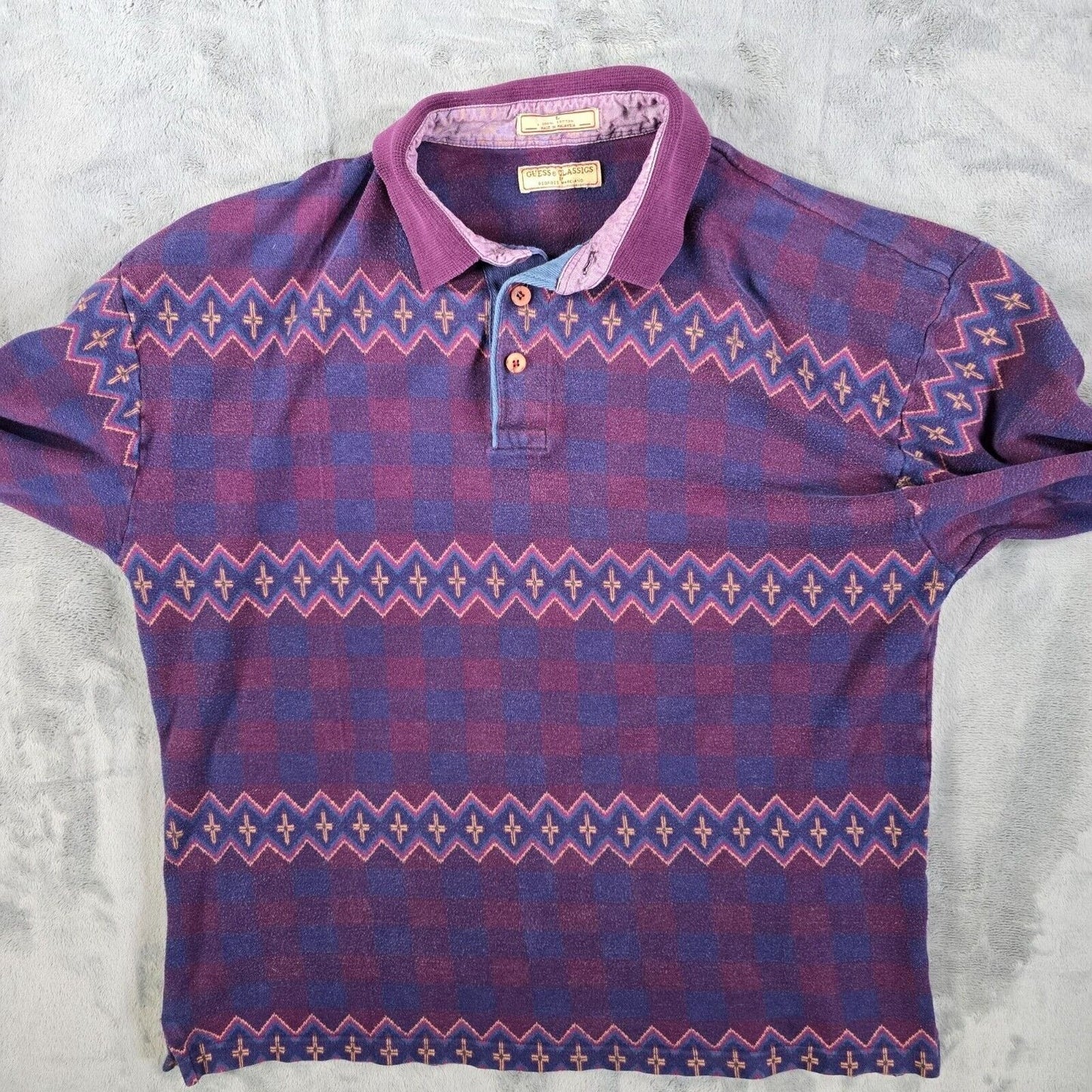 Vintage 1990s Guess Classics Aztec Pattern Long Sleeve Knit Polo (Large)