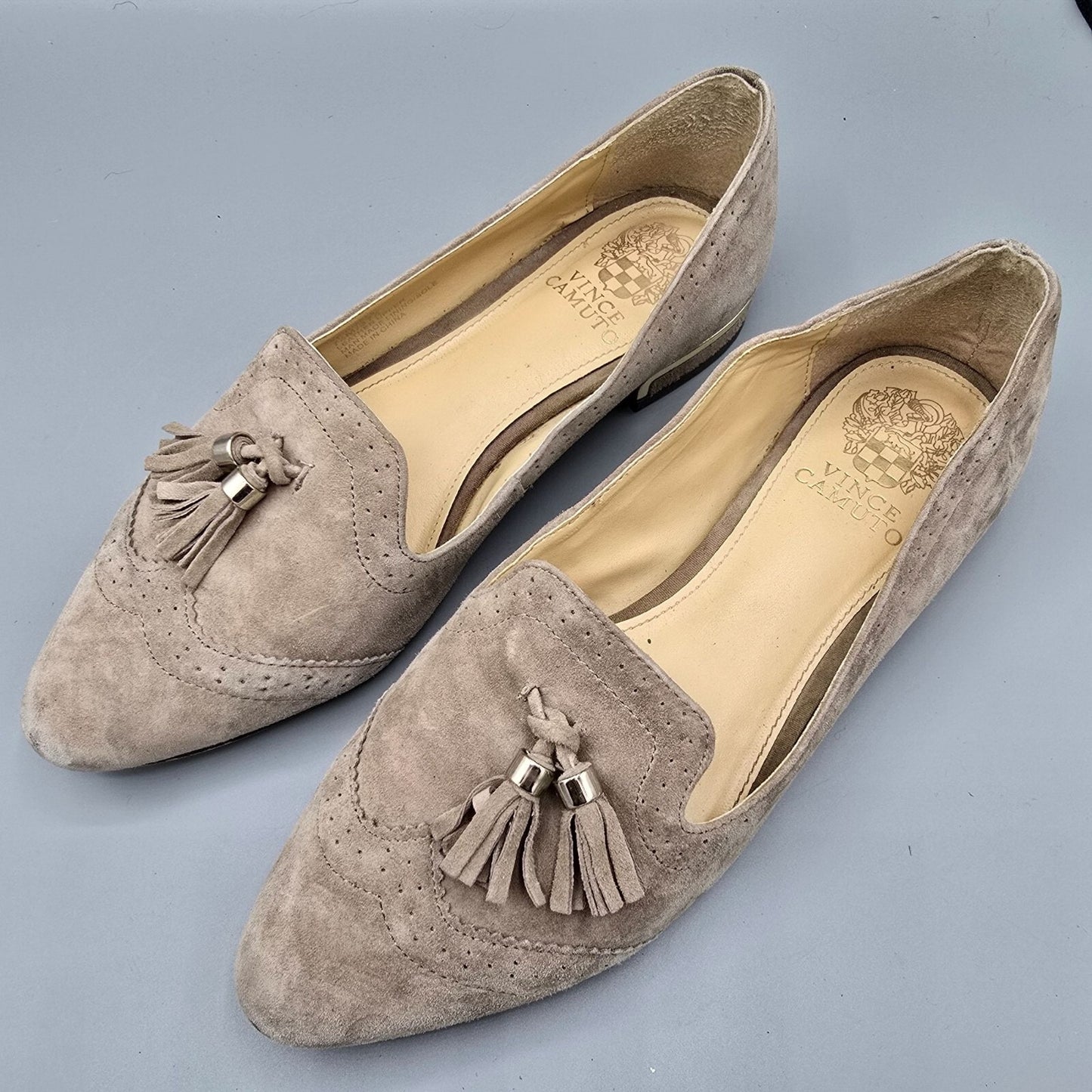 Vince Camuto Rizell‎ Taupe Suede Pointed Toe Tasseled Slip on Loafers (7.5M)