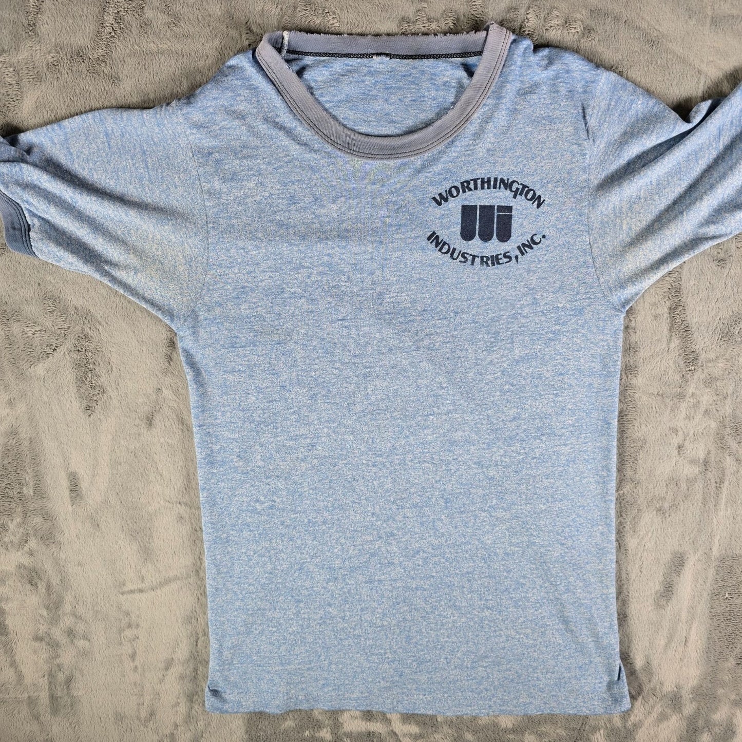 Vintage 1970s/1980s Worthington Industries Inc. Heather Blue Ringer T-Shirt (XS)