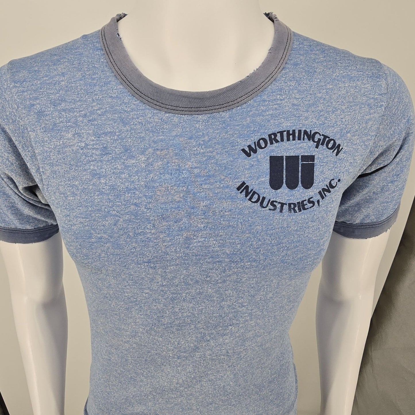 Vintage 1970s/1980s Worthington Industries Inc. Heather Blue Ringer T-Shirt (XS)