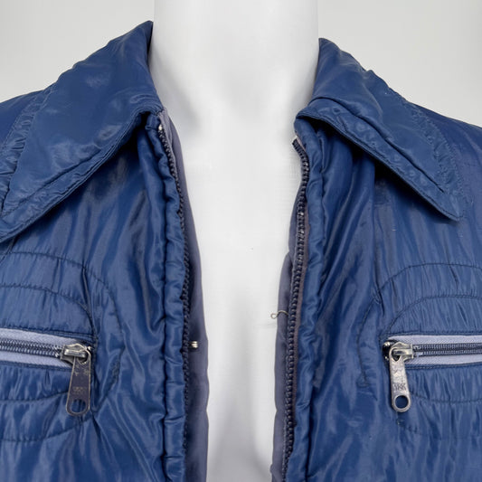 Vintage 1970s Sears Men's Blue Nylon Zip-Pocket Insulated Jacket (Medium)
