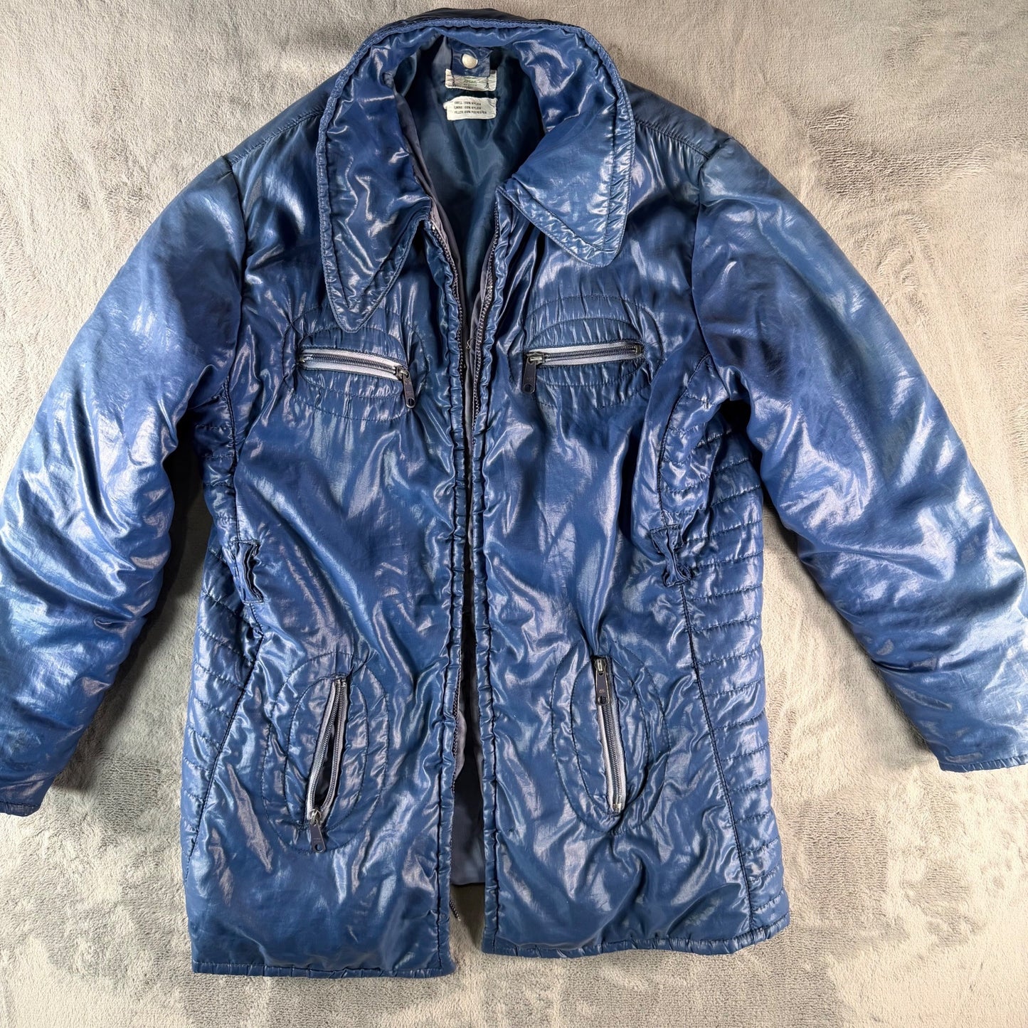 Vintage 1970s Sears Men's Blue Nylon Zip-Pocket Insulated Jacket (Medium)