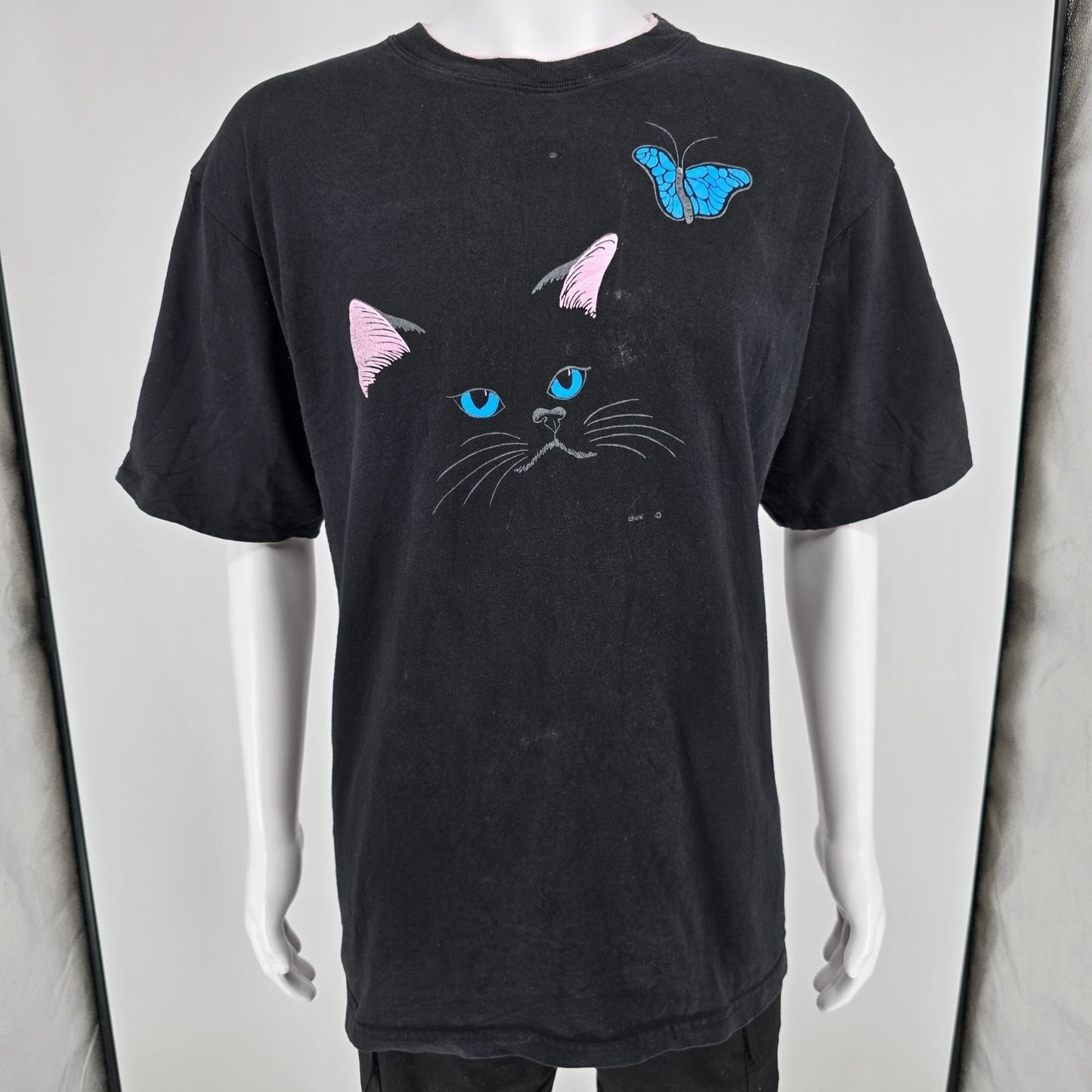 Vintage 1990s Chere Cat & Butterfly Double Collar Double Sleeve T-Shirt (L/XL)