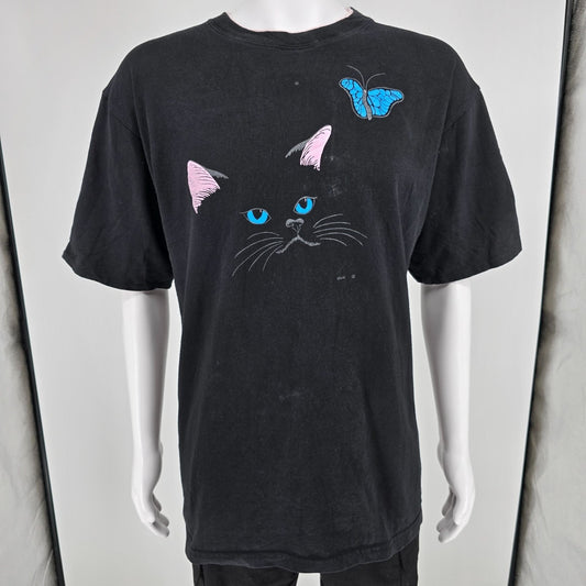 Vintage 1990s Chere Cat & Butterfly Double Collar Double Sleeve T-Shirt (L/XL)